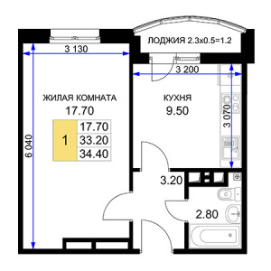 1 комнатная 34.4м²