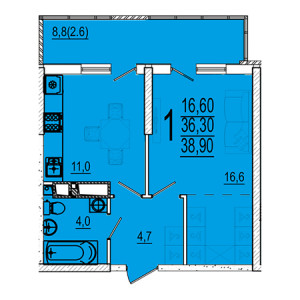 1 комнатная 38.9м²