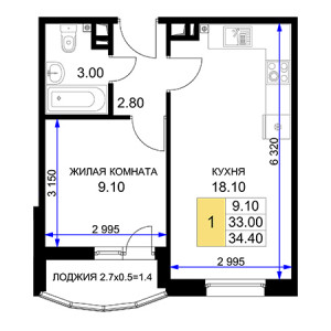 1 комнатная 34.4м²