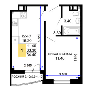 1 комнатная 34.4м²