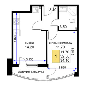 1 комнатная 34.1м²