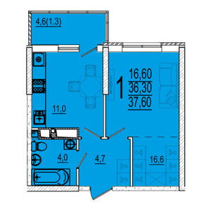 1 комнатная 37.6м²