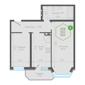 2 комнатная 56.43м²