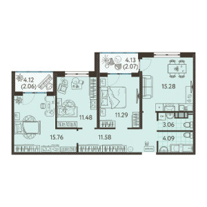 3 комнатная 76.67м²