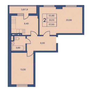 2 комнатная 57.00м²