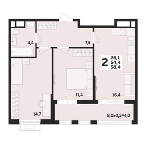 2 комнатная 58.4м²