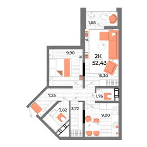 2 комнатная 52.43м²