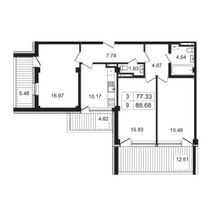 3 комнатная 88.68м²