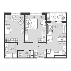 2 комнатная 58.4м²