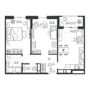 2 комнатная 58.4м²