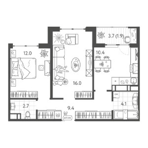 2 комнатная 56.5м²