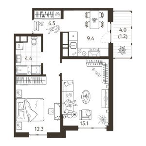 2 комнатная 49.7м²