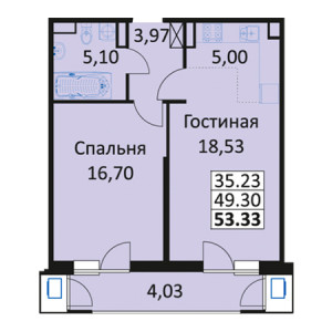 1 комнатная 53.33м²