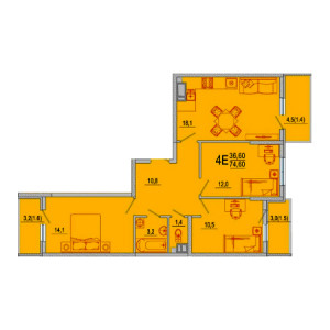 3 комнатная 74.6м²