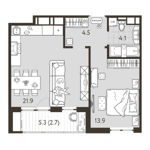 1 комнатная 47.1м²