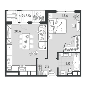 1 комнатная 47.4м²