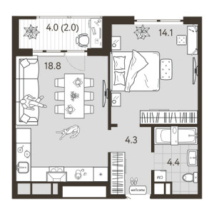 1 комнатная 43.5м²