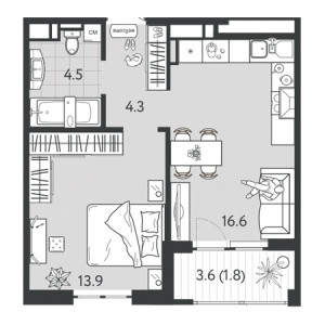 1 комнатная 41.1м²