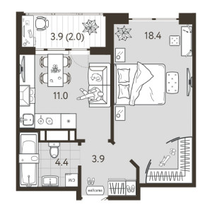 1 комнатная 39.7м²