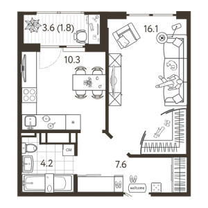 1 комнатная 39.7м²