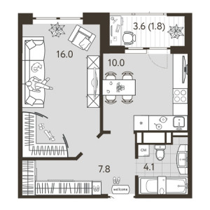 1 комнатная 39.7м²