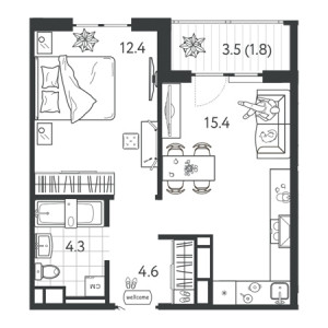 1 комнатная 38.5м²