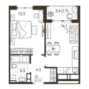 1 комнатная 37.9м²