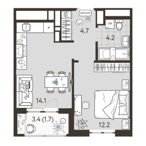 1 комнатная 36.9м²