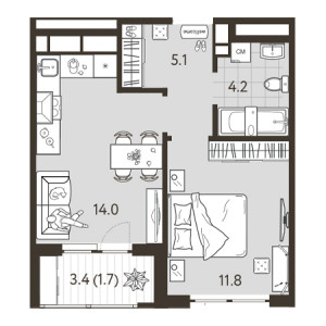 1 комнатная 36.8м²