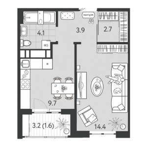 1 комнатная 36.4м²