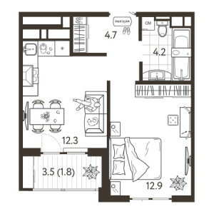 1 комнатная 35.9м²