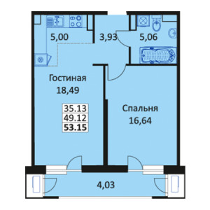 1 комнатная 53.15м²