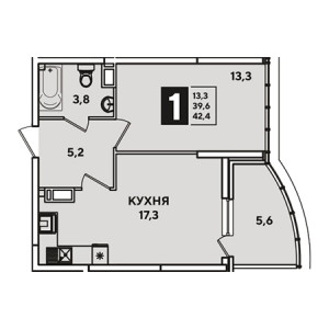 1 комнатная 42.4м²