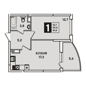 1 комнатная 41.8м²