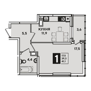 1 комнатная 41.1м²