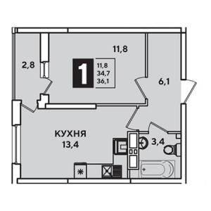 1 комнатная 36.1м²