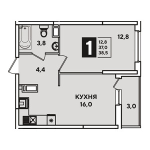 1 комнатная 38.5м²