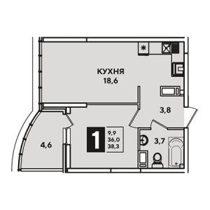 1 комнатная 38.3м²