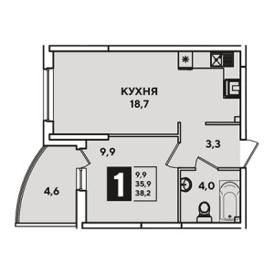 1 комнатная 38.2м²