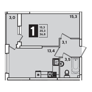 1 комнатная 36.8м²