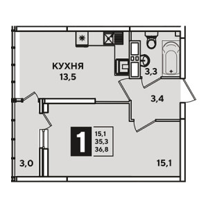 1 комнатная 36.8м²