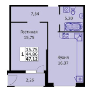 1 комнатная 47.12м²