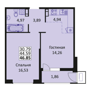 1 комнатная 46.85м²