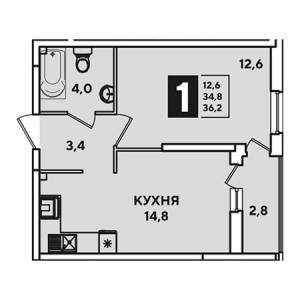 1 комнатная 36.2м²