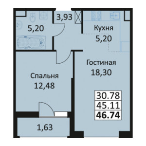 1 комнатная 46.74м²