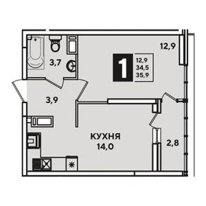 1 комнатная 35.9м²