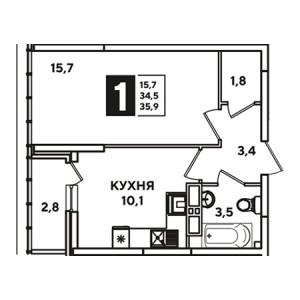 1 комнатная 35.9м²