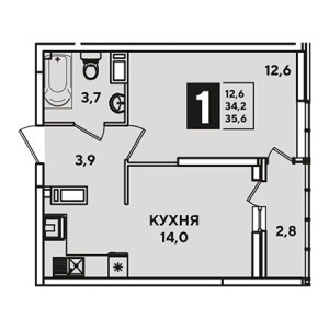 1 комнатная 35.6м²