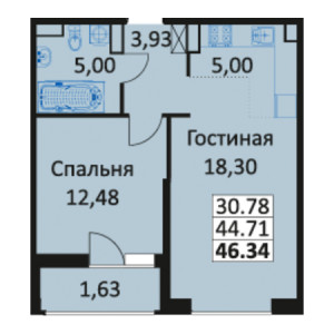 1 комнатная 46.34м²