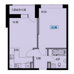 1 комнатная 45.86м²